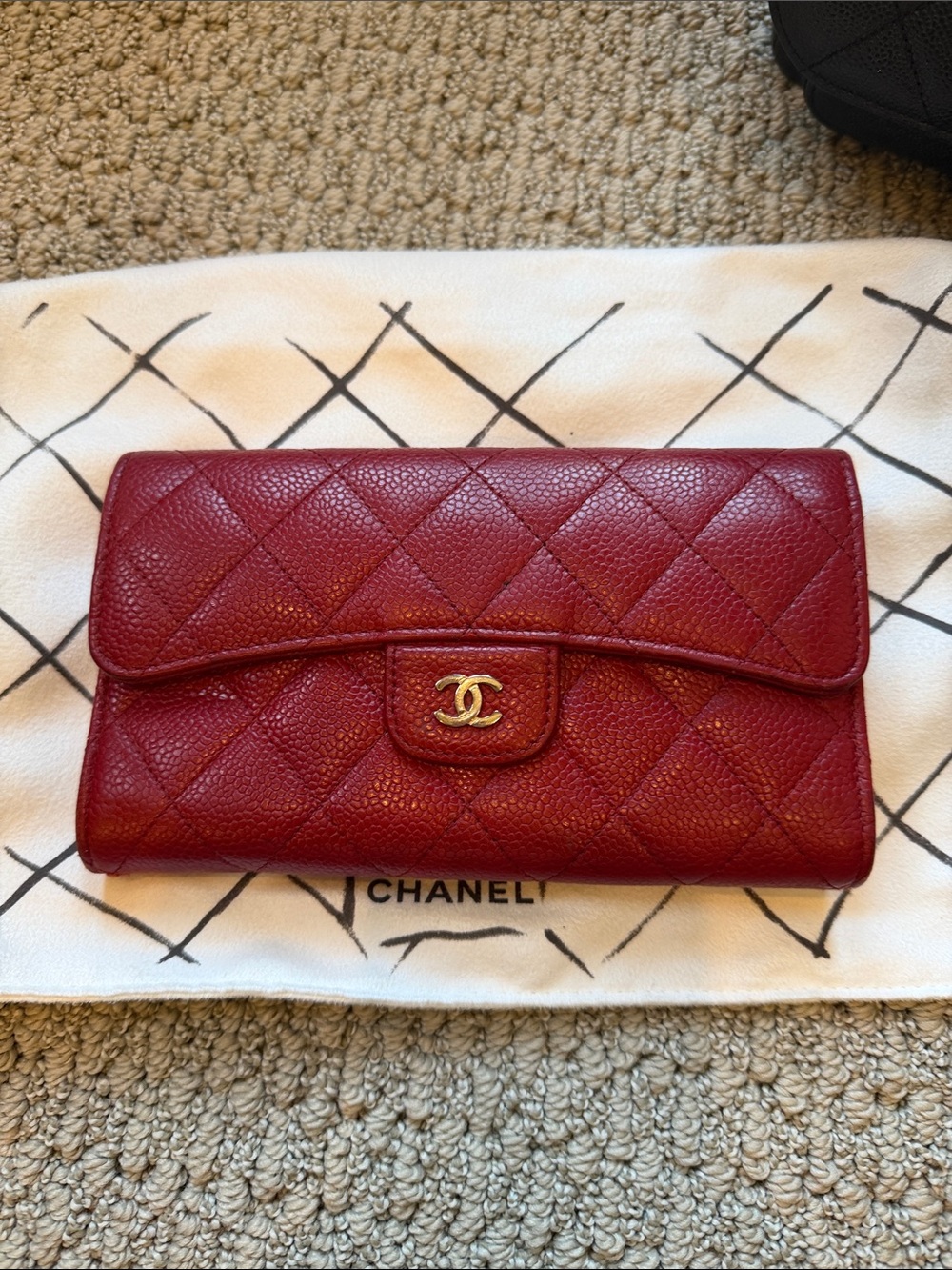 CHANEL Burgundy Quilted Caviar Leather Wallet with Gold CC